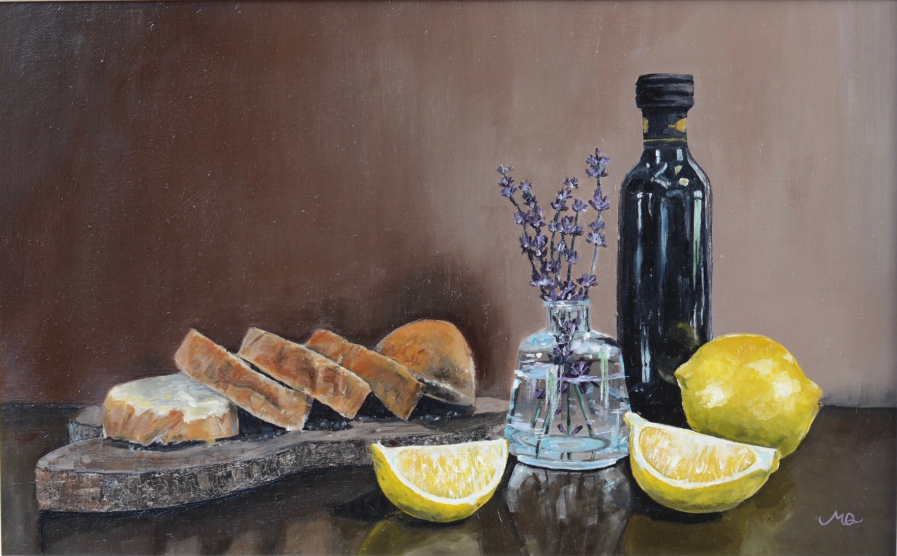 Lavender and Lemons, an original still life oil painting by Mylie Jane Derrick.